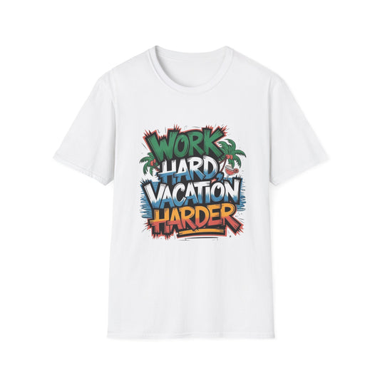 Unisex organic cotton tee featuring 'Work Hard, Vacation Harder' graphic for travel lovers, perfect for casual outings and adventures.