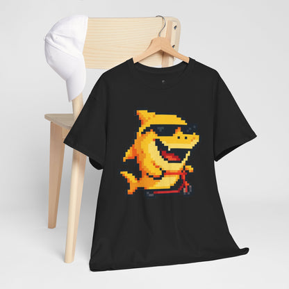 Retro Pixel Baby Shark Unisex Heavy Cotton Tee, Fun Graphic Tee, Gamer Shirt, Gift for Shark Lovers, Summer Casual Wear, Retro T-Shirt