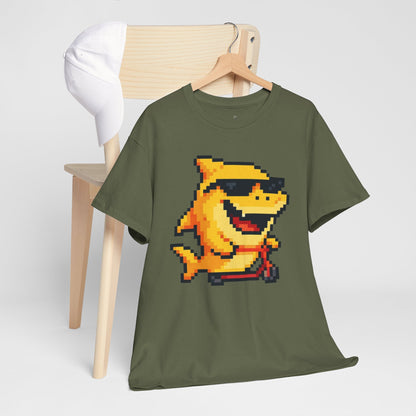Retro Pixel Baby Shark Unisex Heavy Cotton Tee, Fun Graphic Tee, Gamer Shirt, Gift for Shark Lovers, Summer Casual Wear, Retro T-Shirt