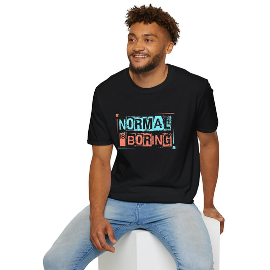 Unisex Softstyle T-Shirt - 'Normal Is Boring' Graphic Tee displayed on a hanger, showcasing eco-friendly organic cotton material.