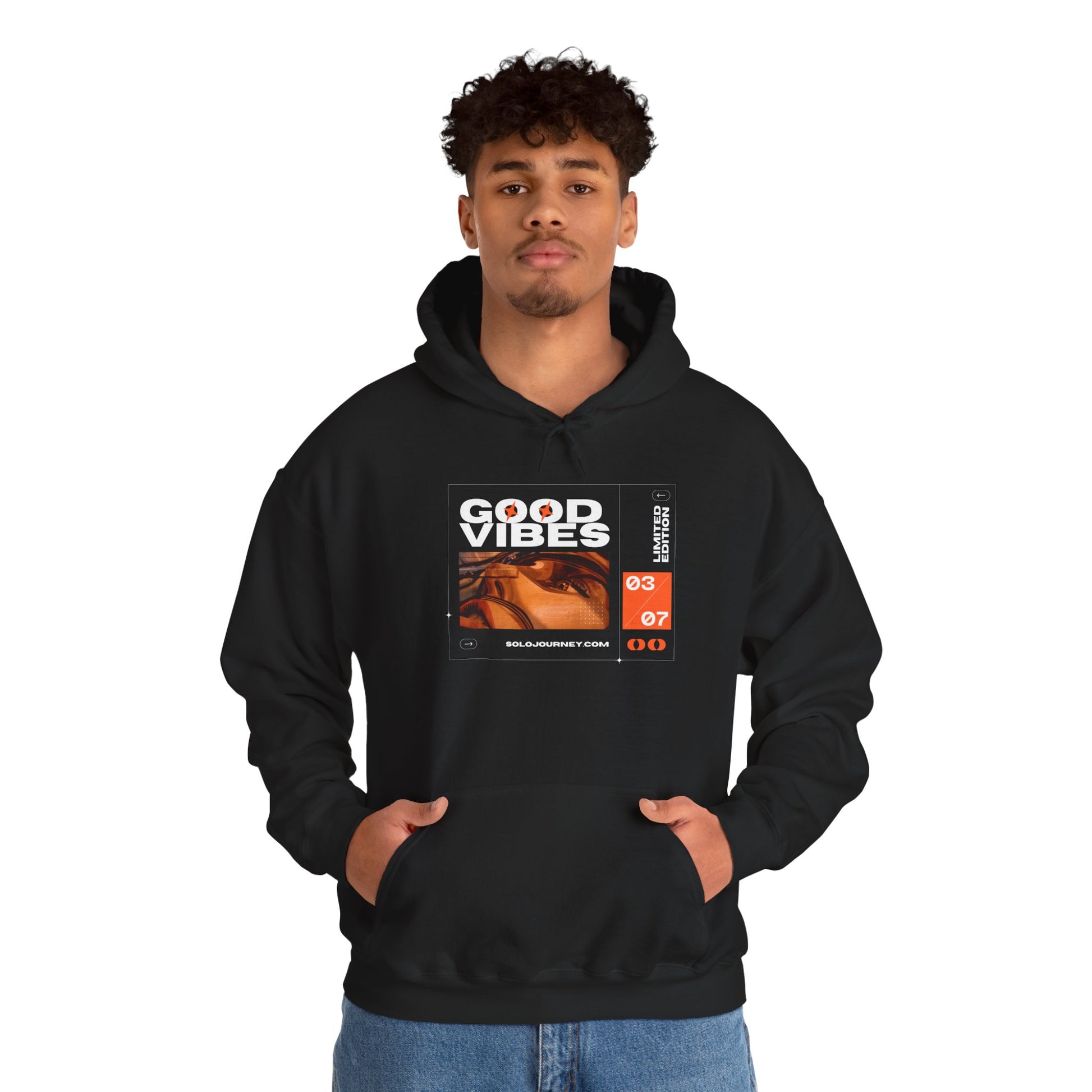 Good Vibes Unisex Heavy Blend Hoodie in a variety of colors, highlighting its availability in multiple sizes for perfect fit and stylish comfort.