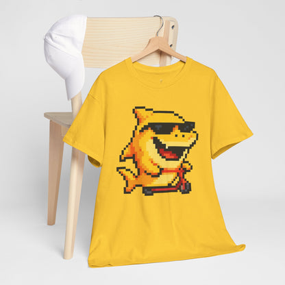 Retro Pixel Baby Shark Unisex Heavy Cotton Tee, Fun Graphic Tee, Gamer Shirt, Gift for Shark Lovers, Summer Casual Wear, Retro T-Shirt