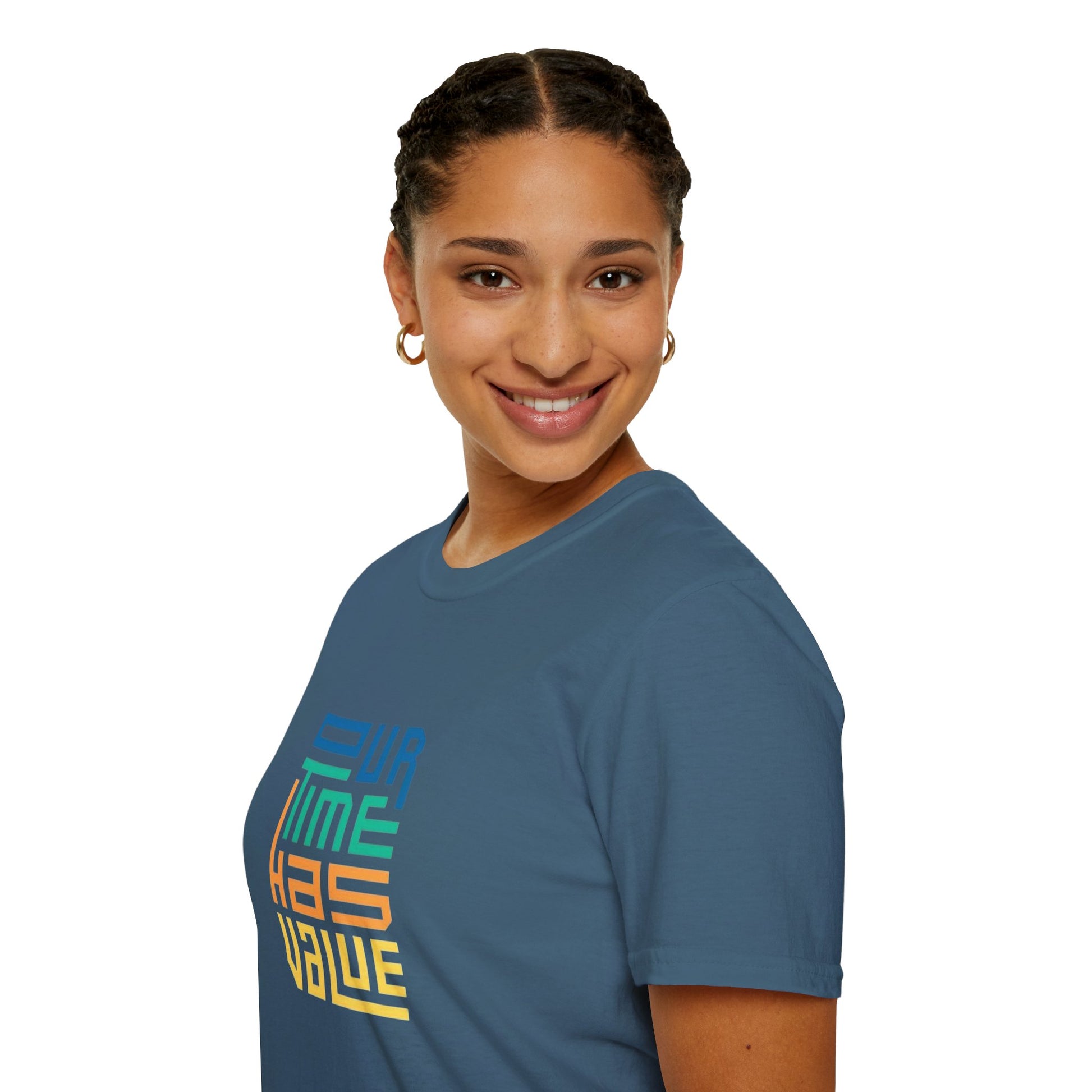 Our Time Has Value Unisex Softstyle T-Shirt - Side view displaying the relaxed fit and classic crew neckline.
