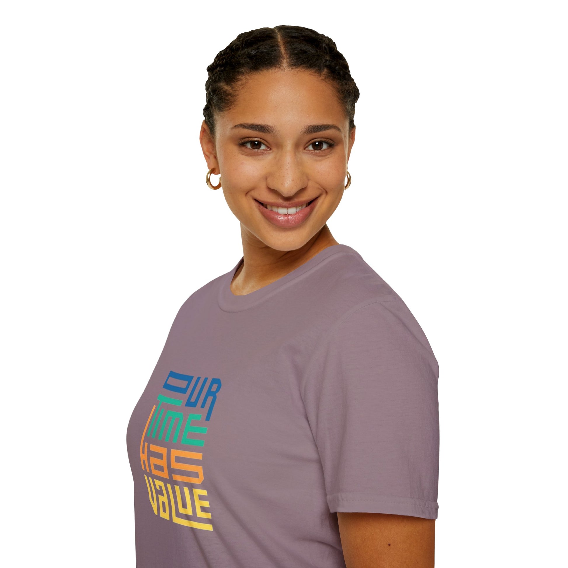 Our Time Has Value Unisex Softstyle T-Shirt displayed on a hanger, showcasing its eco-friendly cotton fabric and motivational design.