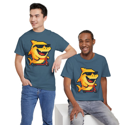 Retro Pixel Baby Shark Unisex Heavy Cotton Tee, Fun Graphic Tee, Gamer Shirt, Gift for Shark Lovers, Summer Casual Wear, Retro T-Shirt