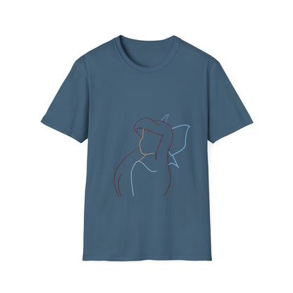 Close-up detail of the Unisex Minimalist Line Art T-Shirt with a vibrant print of an abstract female silhouette, emphasizing its sustainable and stylish design.