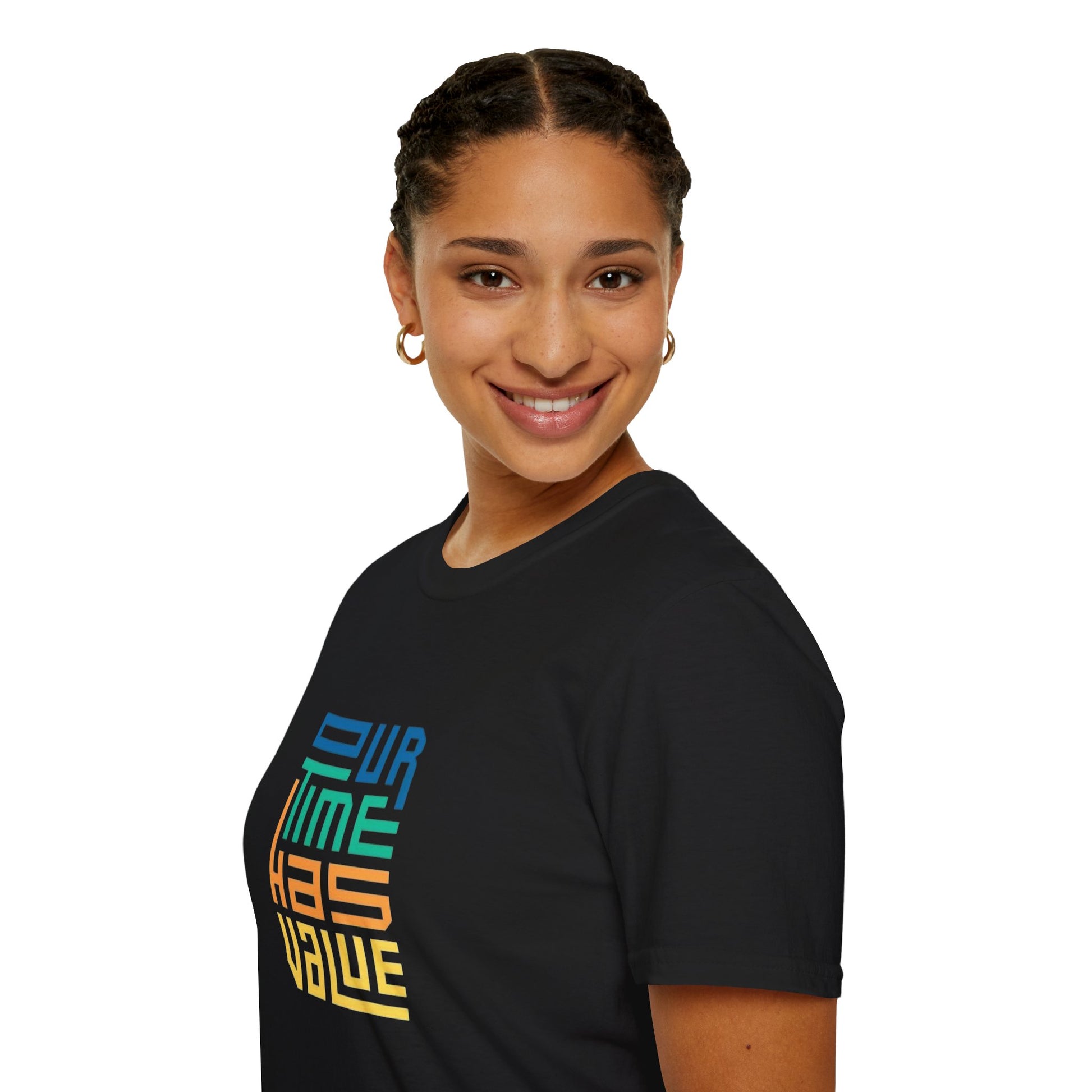 Our Time Has Value Unisex Softstyle T-Shirt showcasing eco-friendly cotton fabric perfect for everyday motivation.