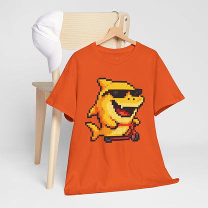 Retro Pixel Baby Shark Unisex Heavy Cotton Tee, Fun Graphic Tee, Gamer Shirt, Gift for Shark Lovers, Summer Casual Wear, Retro T-Shirt
