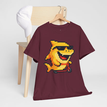Retro Pixel Baby Shark Unisex Heavy Cotton Tee, Fun Graphic Tee, Gamer Shirt, Gift for Shark Lovers, Summer Casual Wear, Retro T-Shirt