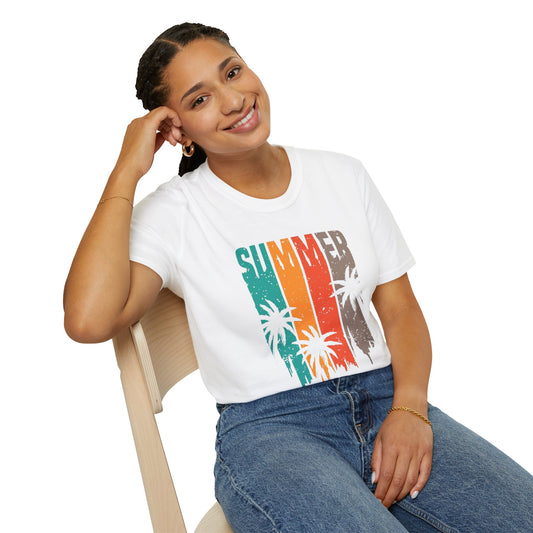Unisex Organic Cotton Summer Vibe T-Shirt with Hand-Drawn Palm Tree Design, showcasing a vibrant palm tree graphic that embodies tropical relaxation and sustainable fashion.
