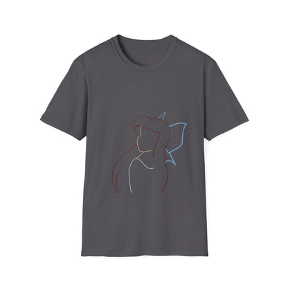 Unisex Minimalist Line Art T-Shirt featuring an elegant abstract female silhouette on a softstyle eco-friendly tee.