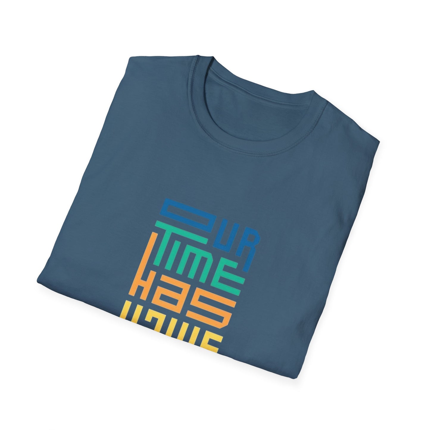 Our Time Has Value Unisex Softstyle T-Shirt - Close-up of the fabric texture highlighting the soft and breathable 100% organic cotton.