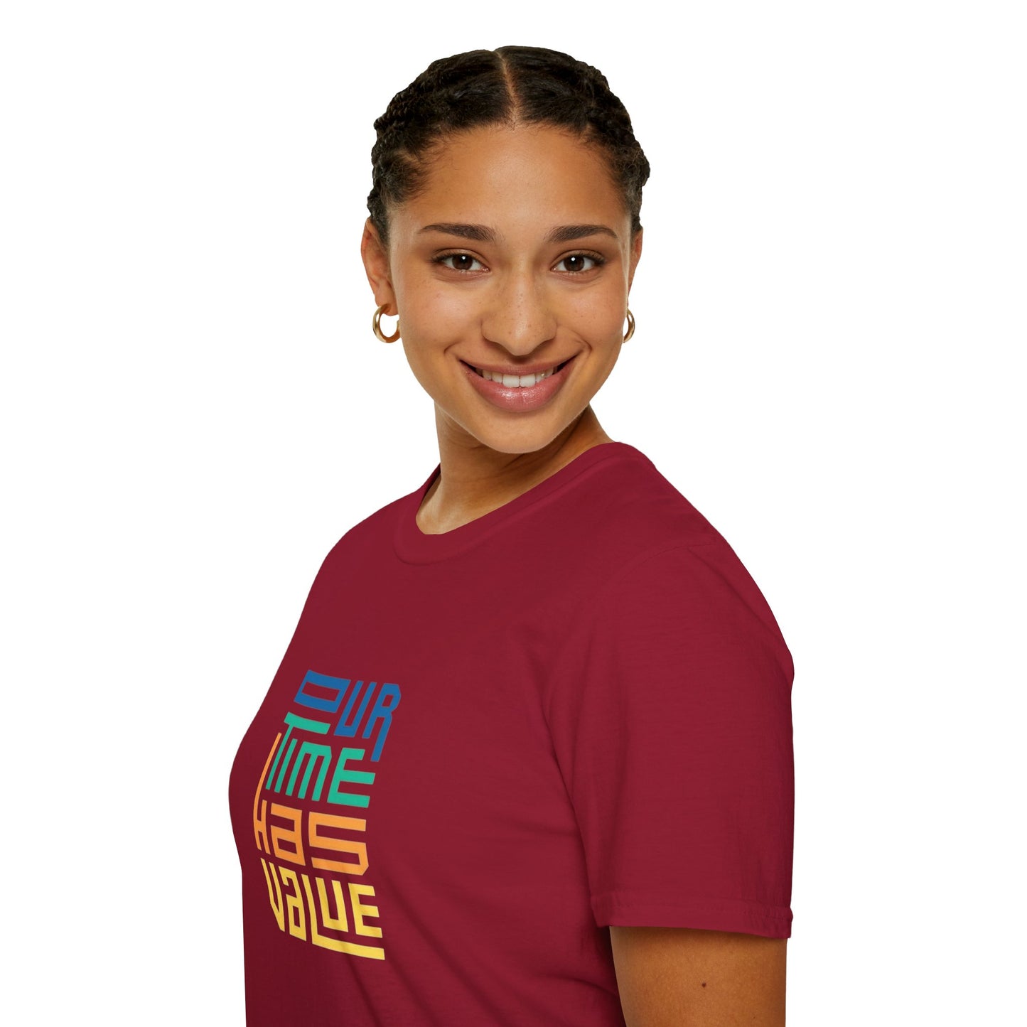 Model wearing Our Time Has Value Unisex Softstyle T-Shirt, perfect for casual outings and everyday motivation.