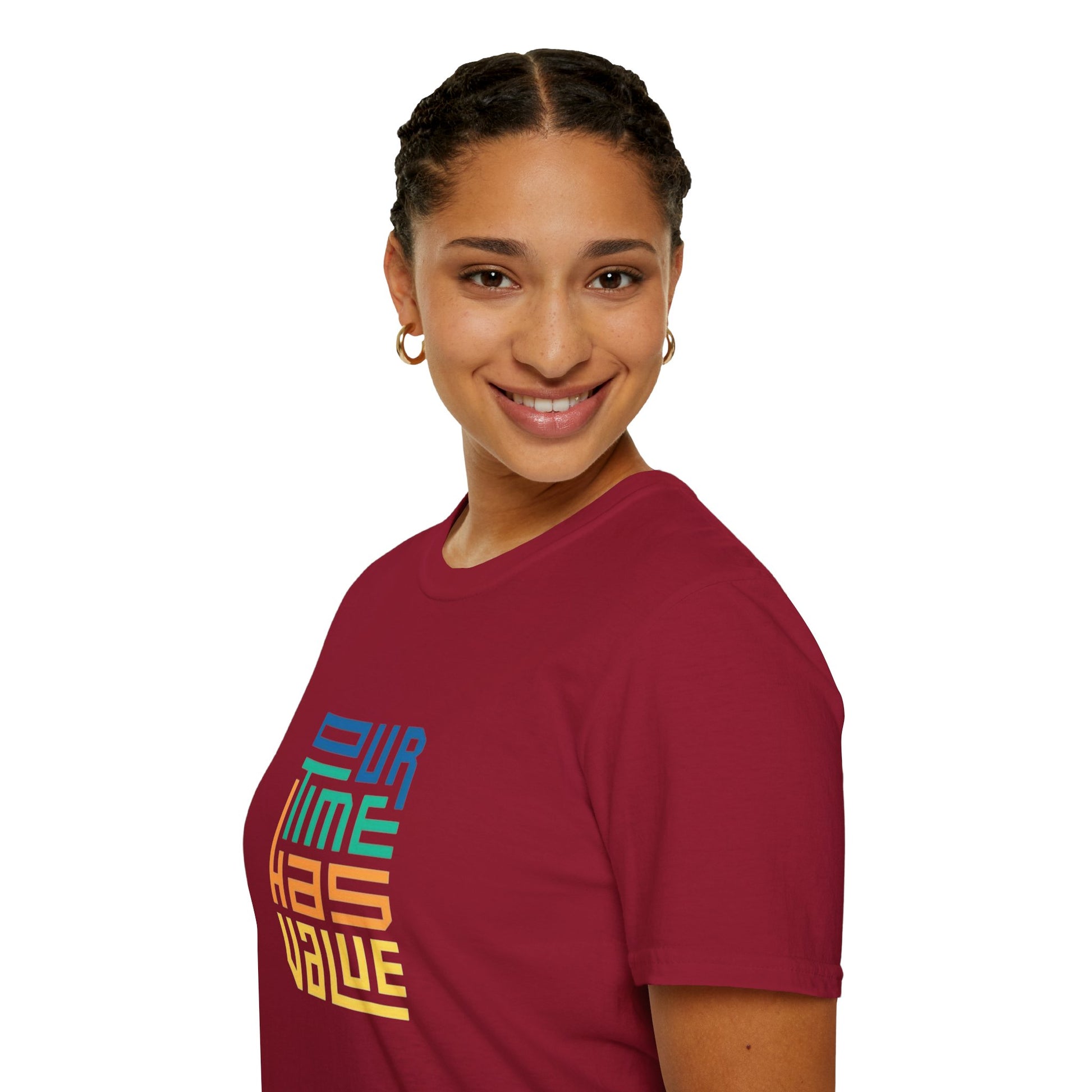 Model wearing Our Time Has Value Unisex Softstyle T-Shirt, perfect for casual outings and everyday motivation.