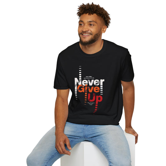 Unisex 'Never Give Up' Softstyle T-Shirt showcasing eco-friendly motivational fashion for everyday wear.