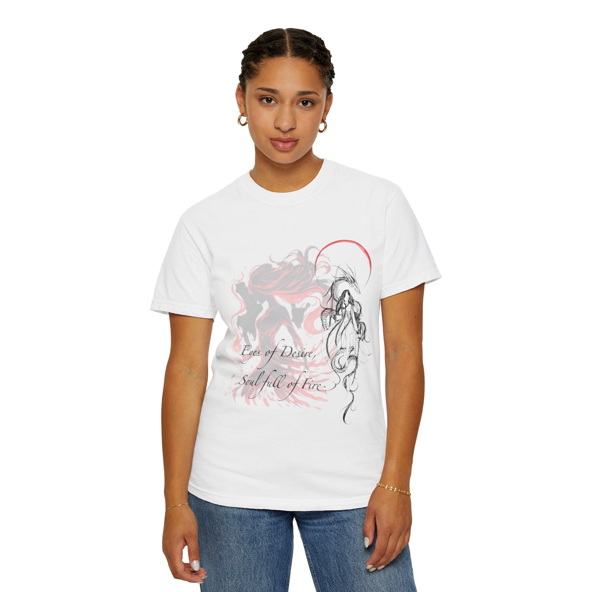 Detail shot of Pink Aurora Design Unisex T-Shirt emphasizing the relaxed fit and vibrant hand-drawn graphic, made from GOTS certified organic cotton.